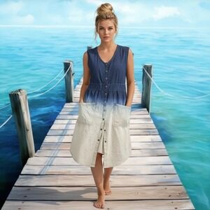 Jessica Simpson Denim Ombre Button Front Midi Dress Womens M Blue White Summer